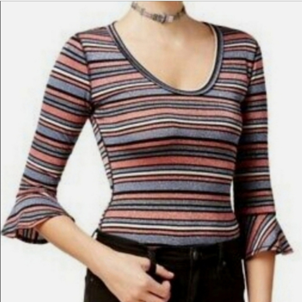 Free People Surprise Party Metallic 3/4 Bell Sleeve Scoop Neck Top S